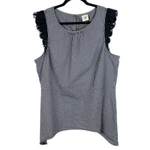 Cabi Cotton Blend Blue White Seersucker Stripe Lace Flutter Sharkbite Hem XL Top